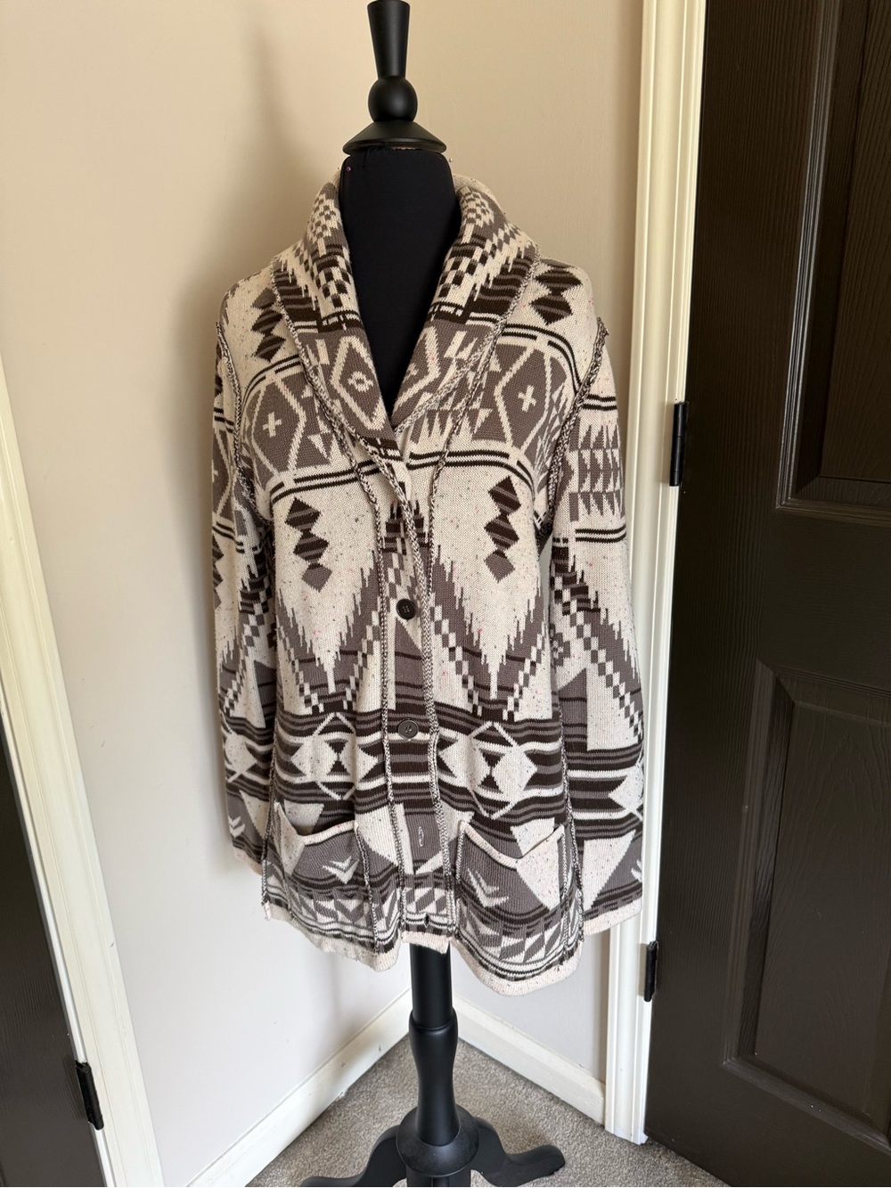 lovestitch Aztec Shawl Collar Cardigan in Cream and Brown